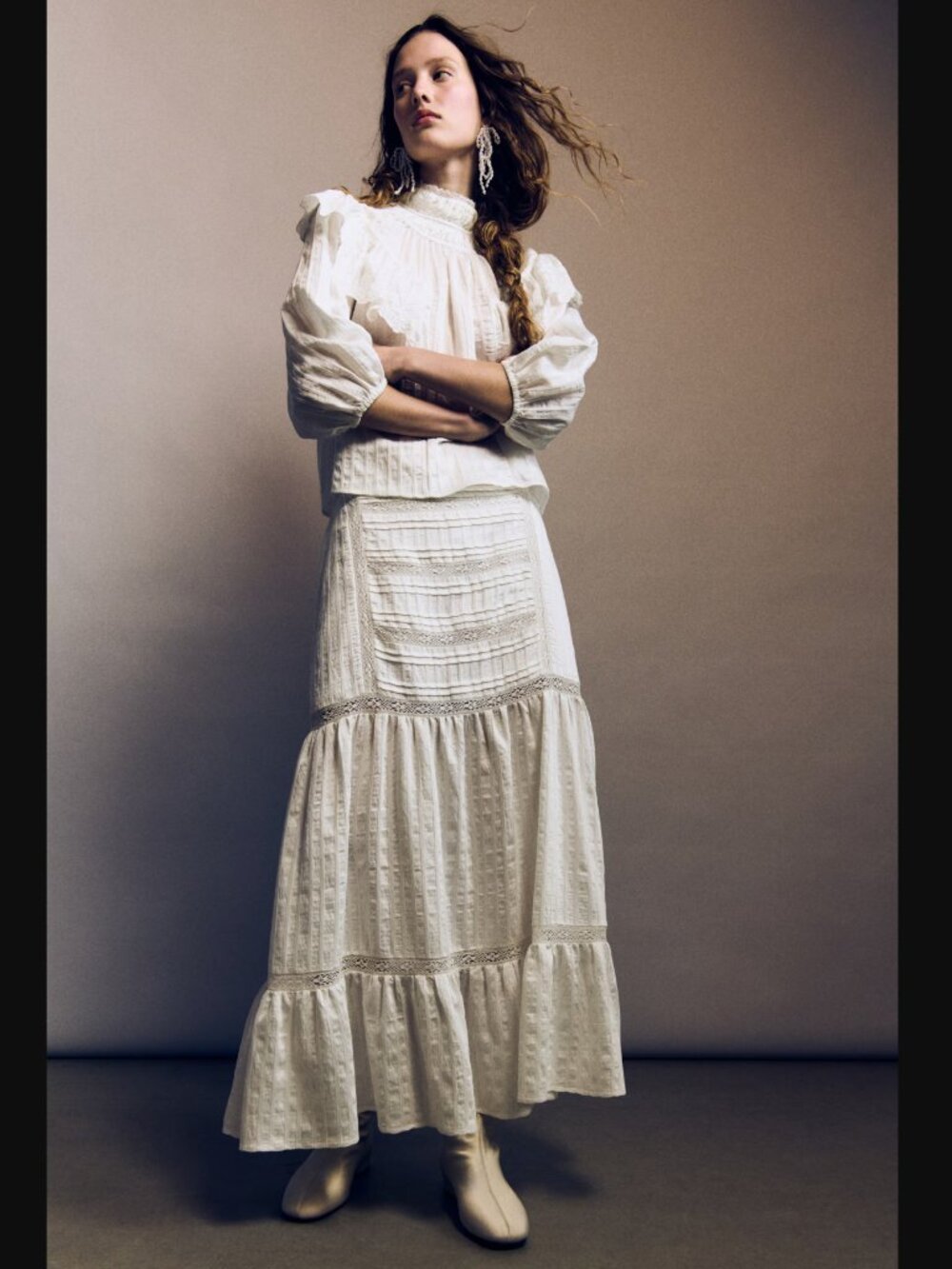 H&M Wuthering Heights Lace Inset Maxi Co-Ord Skirt And Blouse Set White NWT - Picture 2 of 11